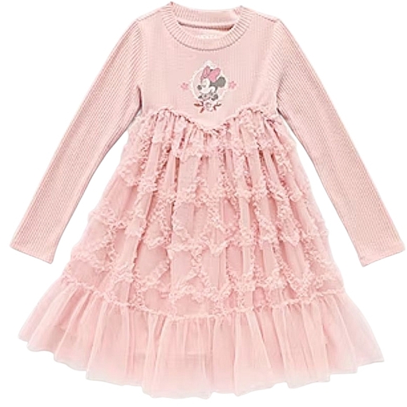 Disney Minnie Mouse Pink Long-Sleeve Tiered Tulle Toddler Little Girls Dress - Picture 4 of 6